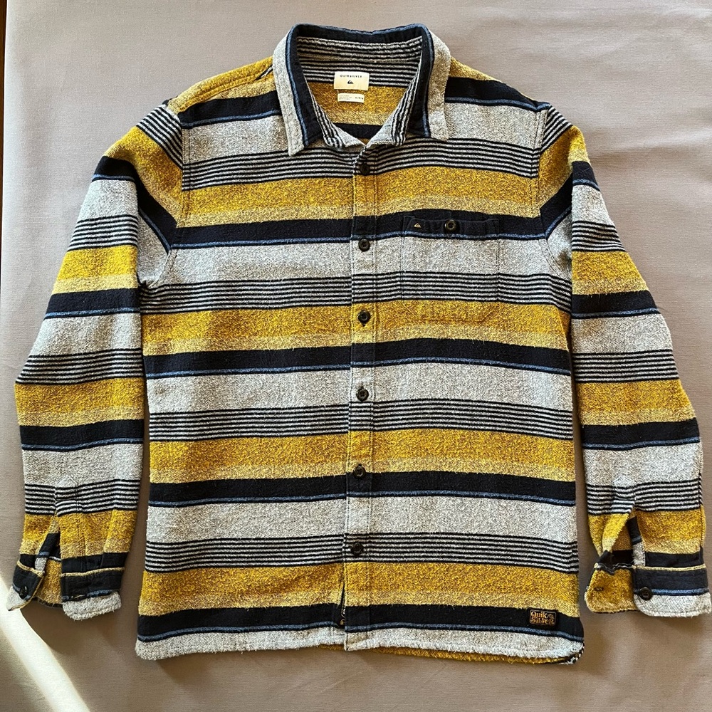 Quiksilver Men’s Lineup Distraction Button Up Flannel Honey/ Black Striped Shirt